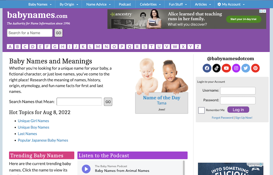 BabyNames.com Home Page Screenshot