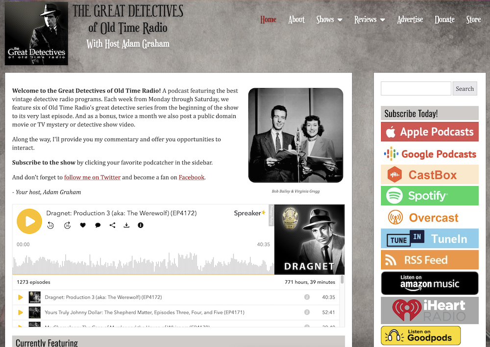 Screenshot of the home page of GreatDetectives.net