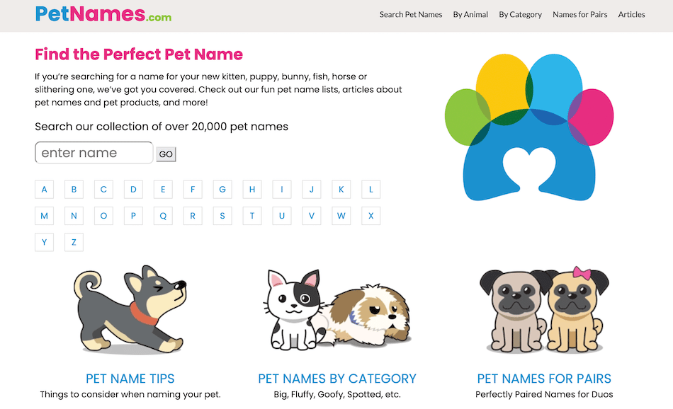 Screenshot of PetNames.com Home Page
