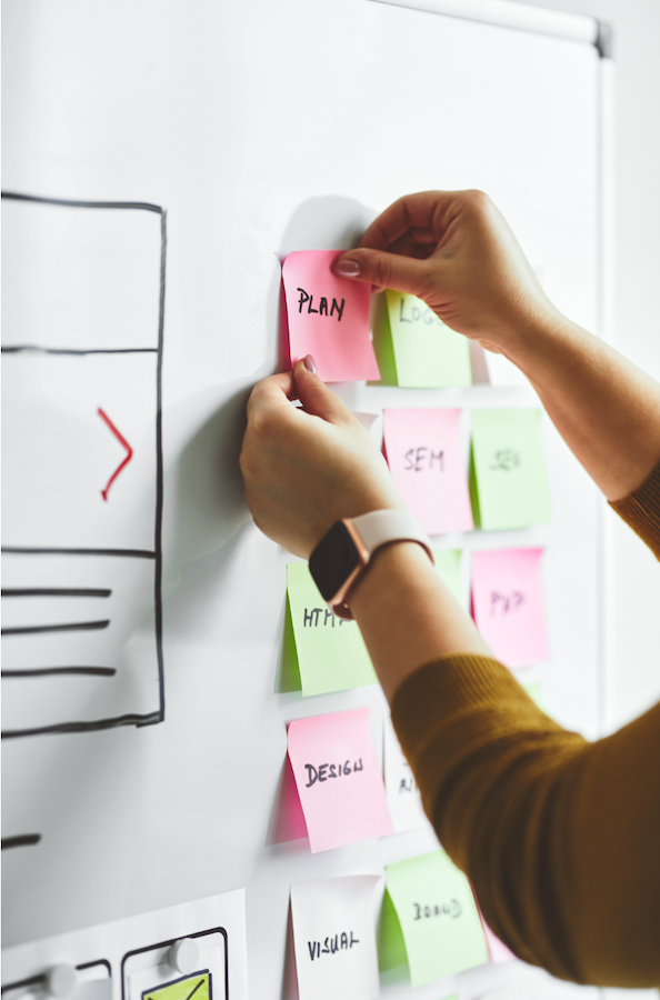 Woman with stickies on a whiteboard that say Design, Plan, SEM, HTML, LOGO
