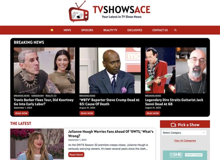 Screenshot of the home page of TVShowsAce.com